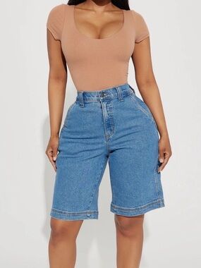 Fashion Nova Mid-Blue Denim Carpenter Shorts